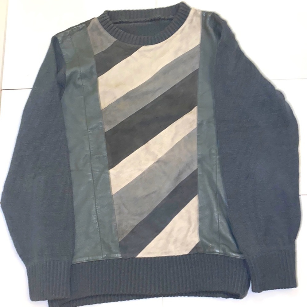 Vintage grey wool, leather, and suede crew neck knit sweater. Size Large. Italy.